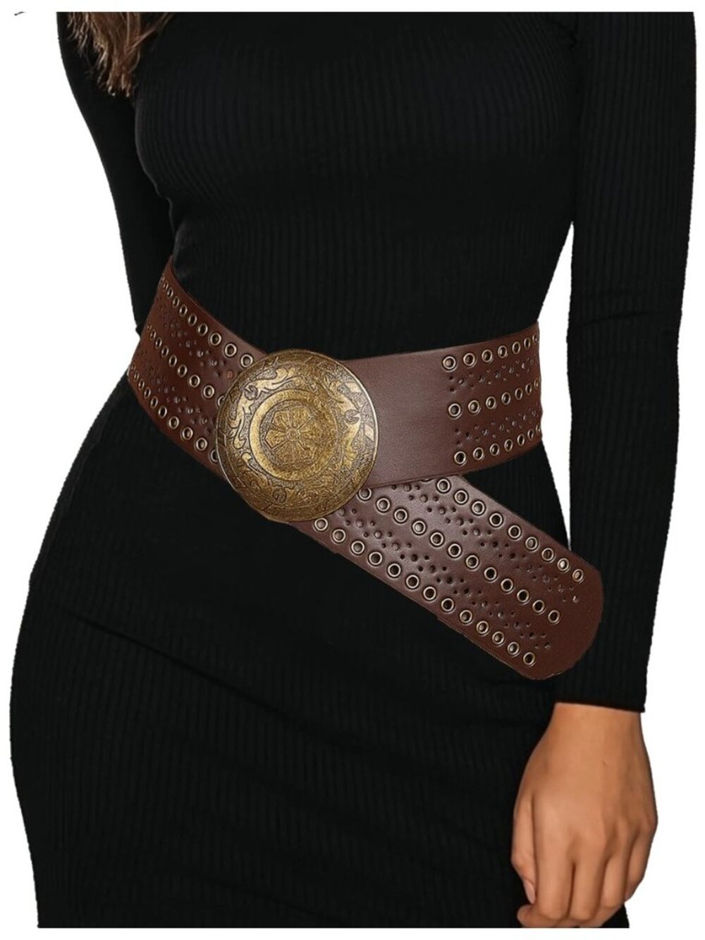 Wide-Disc Hollow-Western-Belts for Women Boho Hip-hop Concho PU-Leather Belt for